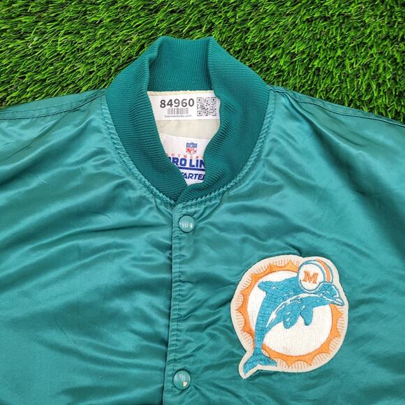 Vintage 90s Miami Dolphins Varsity Jacket Large 24x25 Cropped Baggy Satin - Picture 2 of 14